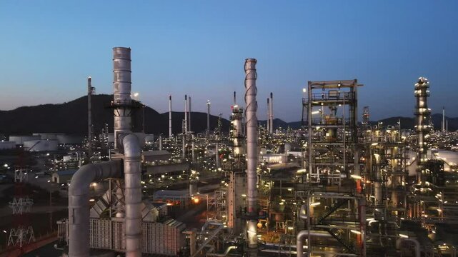 Aerial view of an illuminated industrial refinery plant at dusk, Moving half circle of towering structures and pipelines in twilight time.