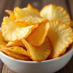 Golden yellow potato chips spill out of a white bowl on a wooden surface. Blurred background of a wooden table creates contrast with shiny chips and rough texture.