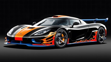 Stunning Custom Koenigsegg Hypercar Featuring Black Body with Fiery Orange and Blue Flame Graphics, Aerodynamic Spoilers, and High-Performance Wheels | Eye-Catching Supercar Art & Design Inspiration.
