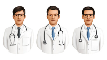 Set of doctor characters dressed in white coats with unique accessories, representing various medical professionals, isolated on transparent PNG background