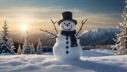 Obraz premium Winter. Happy New Year and Merry Christmas. Funny snowmen on a blurry winter background. The atmosphere of a New Year's holiday.