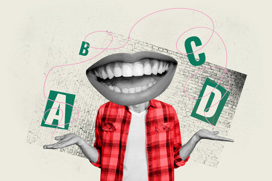 Composite trend artwork 3D sketch image photo collage of young lady mouth head lips smile hand gesture hold showing letter alphabet - Powered by Adobe