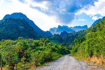 Mountain landscape with road walking hiking path Vang Vieng Laos.