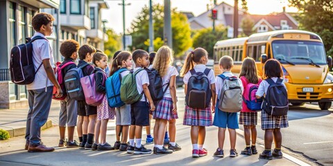 Obraz premium Diverse group of young students with backpacks stand by the roadside, eagerly awaiting their school bus on a bright day