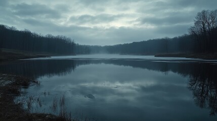 Fototapeta premium Serene lake surrounded by trees under a cloudy sky, reflecting the tranquil atmosphere of nature.