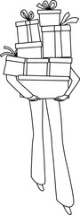 black and white outline, person carrying boxes with holiday gifts, birthday, Black Friday. Vector illustration