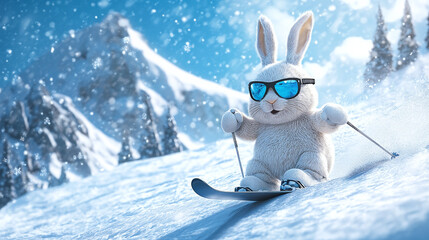 Adorable Easter bunny with sunglasses skiing down a snowy slope in the mountains, adding fun and whimsy to winter and holiday themes.