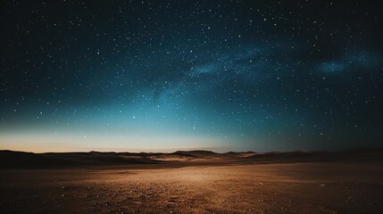 Starlit sky over a vast desert landscape at dusk, showcasing the beauty of nature's night scene.