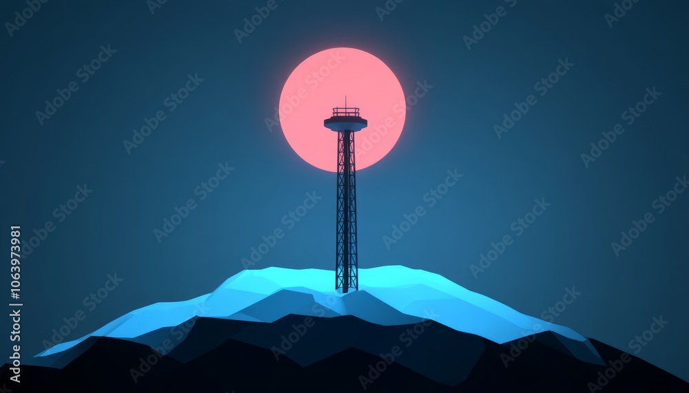 Wall mural Low poly tower with a pink glowing circle behind it, on a blue polygonal mountain in a blue background.