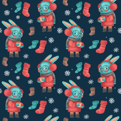 Christmas seamless pattern with rabbit with a cup in sweater, hat and scarf, festive elements. Illustrations for holiday designs. New Year's mood.