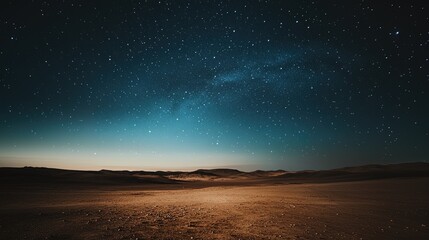 Stunning night sky filled with stars over vast desert landscape under a twilight glow.