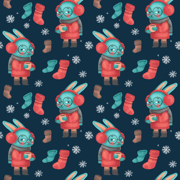 Christmas seamless pattern with rabbit with a cup in sweater, hat and scarf, festive elements. Illustrations for holiday designs. New Year's mood.