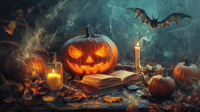 A moody, atmospheric scene depicting a Halloween-themed setting. The centerpiece is a large, carved pumpkin with a menacing grin, glowing warmly from within. Surrounding the pumpkin are smaller pumpki