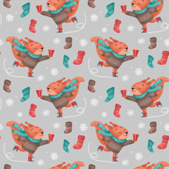 Christmas seamless pattern with a squirrel on skates with a gift in sweater, hat, and scarf, festive elements. Illustrations for holiday designs. New Year's mood.