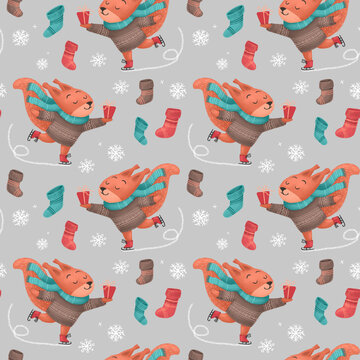 Christmas seamless pattern with a squirrel on skates with a gift in sweater, hat, and scarf, festive elements. Illustrations for holiday designs. New Year's mood.