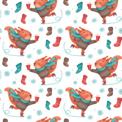 Christmas seamless pattern with a squirrel on skates with a gift in sweater, hat, and scarf, festive elements. Illustrations for holiday designs. New Year's mood.