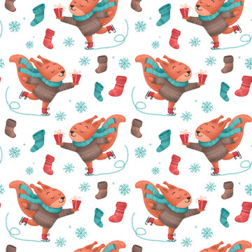 Christmas seamless pattern with a squirrel on skates with a gift in sweater, hat, and scarf, festive elements. Illustrations for holiday designs. New Year's mood.