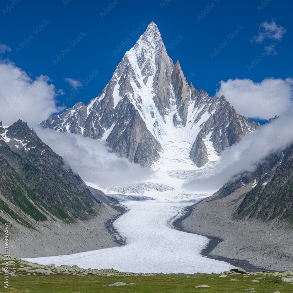 Wall mural Majestic snow-capped peak rises above a glacial valley, clouds hugging its summit.