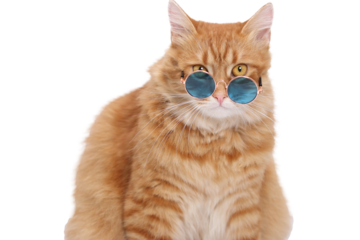 Orange cat wearing blue sunglasses. Cat looking at camera isolated on white. Concept of vacation, travel, beach, summer, and holiday. Pet in sunglasses. Cute animal portrait for fun and trendy themes.