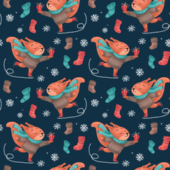 Christmas seamless pattern with a squirrel on skates with a gift in sweater, hat, and scarf, festive elements. Illustrations for holiday designs. New Year's mood.