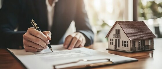 A person signing a document with a miniature house model nearby, indicating a real estate transaction.