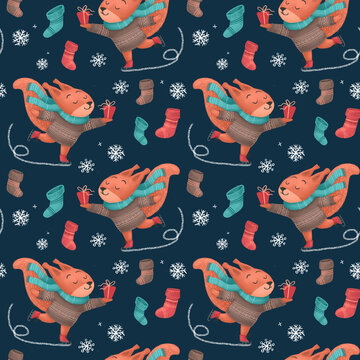Christmas seamless pattern with a squirrel on skates with a gift in sweater, hat, and scarf, festive elements. Illustrations for holiday designs. New Year's mood.