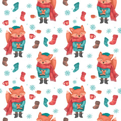 Christmas seamless pattern with a fox with skates in sweater, hat and scarf, festive elements with white background. Illustrations for holiday designs. New Year's mood