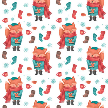 Christmas seamless pattern with a fox with skates in sweater, hat and scarf, festive elements with white background. Illustrations for holiday designs. New Year's mood