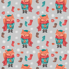 Christmas seamless pattern with a fox with skates in sweater, hat and scarf, festive elements with dark gray background. Illustrations for holiday designs. New Year's mood