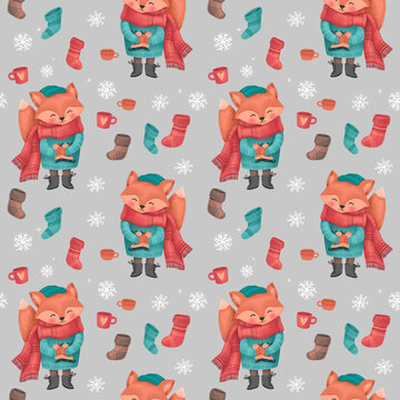 Christmas seamless pattern with a fox with skates in sweater, hat and scarf, festive elements with dark gray background. Illustrations for holiday designs. New Year's mood