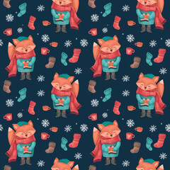 Christmas seamless pattern with a fox with skates in sweater, hat and scarf, festive elements with dark blue background. Illustrations for holiday designs. New Year's mood.
