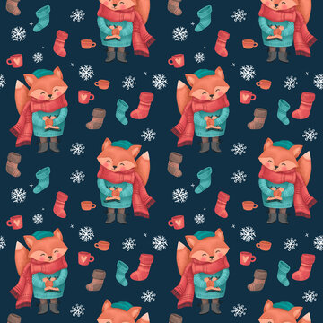 Christmas seamless pattern with a fox with skates in sweater, hat and scarf, festive elements with dark blue background. Illustrations for holiday designs. New Year's mood.