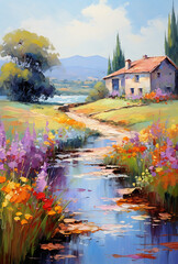 Fototapeta premium A painting of a pink building with a yellow door and a tree in front of it