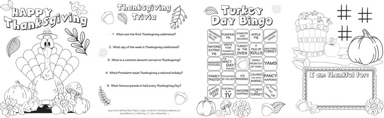 4 Thanksgiving themed artboards ready for printing at letter size or placement in coloring books. 