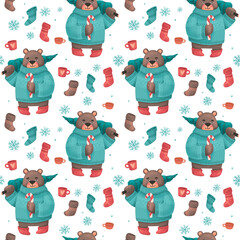 Christmas seamless pattern with a bear with a Christmas tree in sweater, festive elements with white background. Illustrations for holiday designs. New Year's mood.