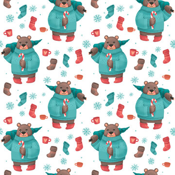 Christmas seamless pattern with a bear with a Christmas tree in sweater, festive elements with white background. Illustrations for holiday designs. New Year's mood.