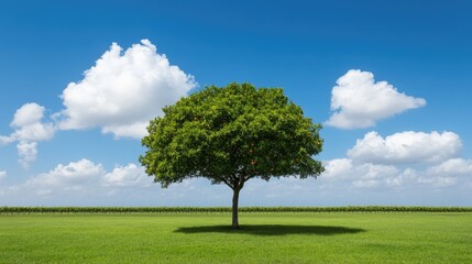 A serene tangerine tree stands in a sunlit orchard, surrounded by vibrant green grass and fluffy clouds under a blue sky