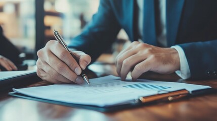 Naklejka premium A person signing a document with a pen, indicating a business transaction or agreement.