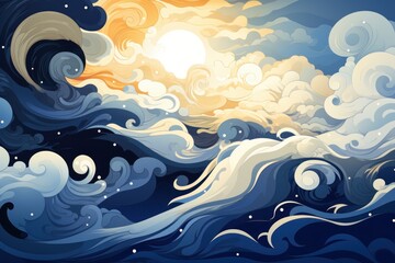 A vibrant ocean scene with swirling waves and a bright sun amidst colorful clouds.