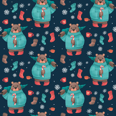 Christmas seamless pattern with a bear with a Christmas tree in sweater, festive elements with dark blue background. Illustrations for holiday designs. New Year's mood.