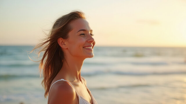 Happy young woman at the beach - Powered by Adobe