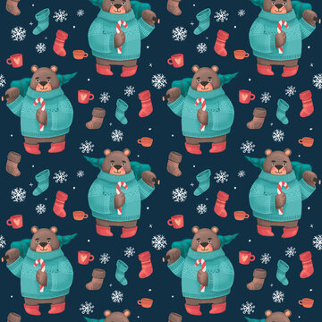 Christmas seamless pattern with a bear with a Christmas tree in sweater, festive elements with dark blue background. Illustrations for holiday designs. New Year's mood.