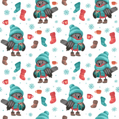 Christmas seamless pattern with bullfinch in sweater, hat and scarf, festive elements with white background. Illustrations for holiday designs. New Year's mood.