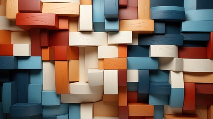 A colorful abstract arrangement of interlocking blocks creating a textured pattern.