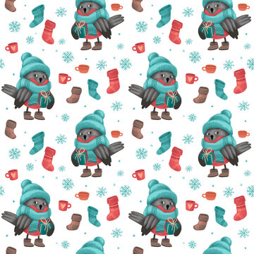 Christmas seamless pattern with bullfinch in sweater, hat and scarf, festive elements with white background. Illustrations for holiday designs. New Year's mood.