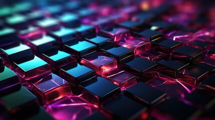 Obraz premium Abstract arrangement of glossy blocks with vibrant neon lighting.