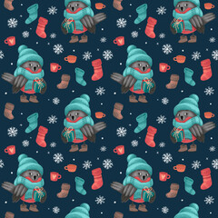 Christmas seamless pattern with bullfinch in sweater, hat and scarf, festive elements with dark blue background. Illustrations for holiday designs. New Year's mood.