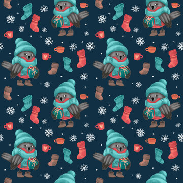 Christmas seamless pattern with bullfinch in sweater, hat and scarf, festive elements with dark blue background. Illustrations for holiday designs. New Year's mood.