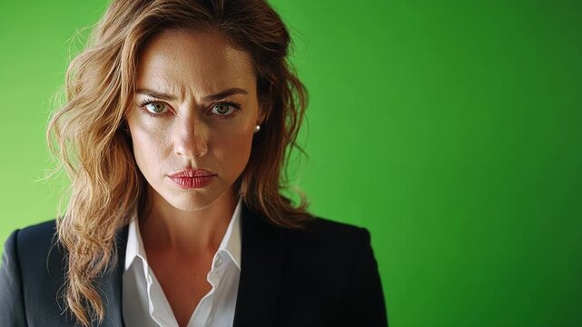 Businesswoman with long brown hair is frowning and showing disgust on a green screen background. She is wearing a white shirt and a black jacket