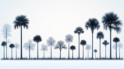 Line of trees with some of them being palm trees. The trees are all black and white
